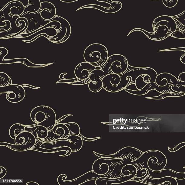 swirly blowing wind and cloud brocade seamless pattern - stratocumulus stock illustrations