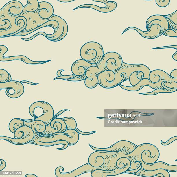 swirly blowing wind and cloud brocade seamless pattern - stratocumulus stock illustrations