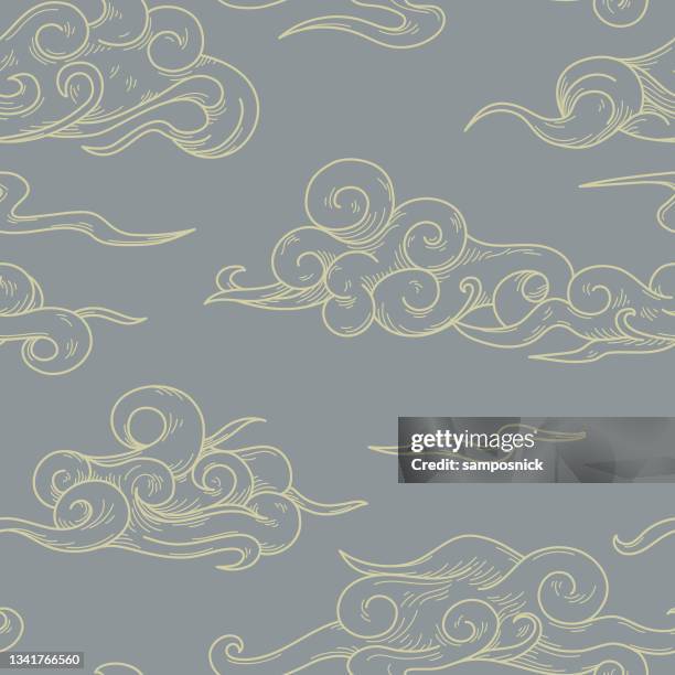 swirly blowing wind and cloud brocade seamless pattern - stratocumulus stock illustrations