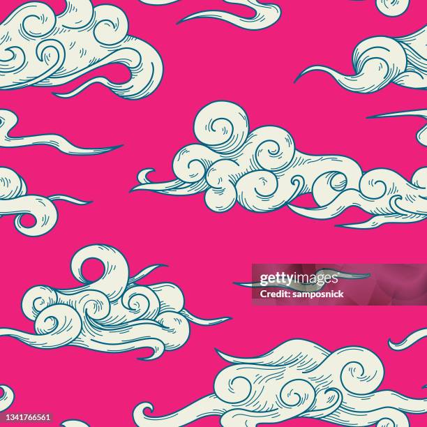 swirly blowing wind and cloud brocade seamless pattern - stratocumulus stock illustrations