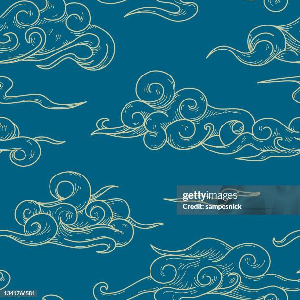 swirly blowing wind and cloud brocade seamless pattern - stratocumulus stock illustrations