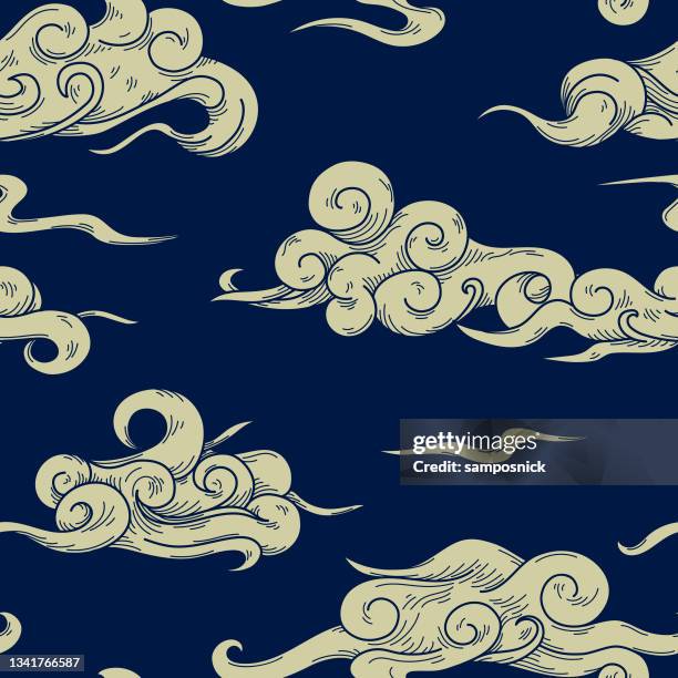 swirly blowing wind and cloud brocade seamless pattern - stratocumulus stock illustrations