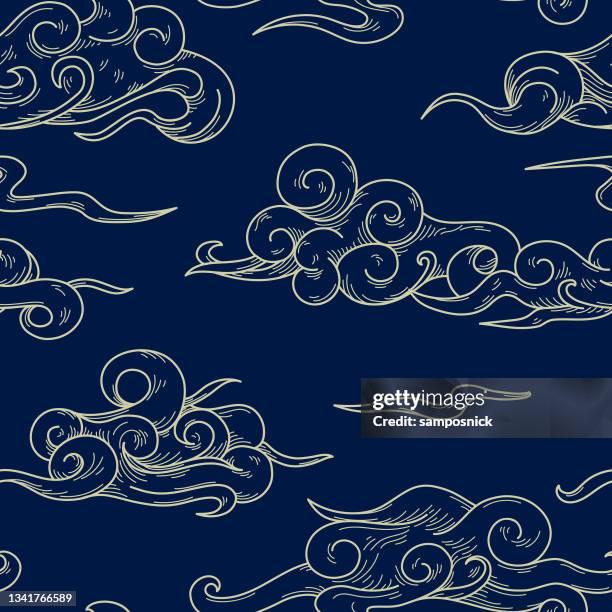 Swirly Blowing Wind And Cloud Brocade Seamless Pattern High-Res Vector ...