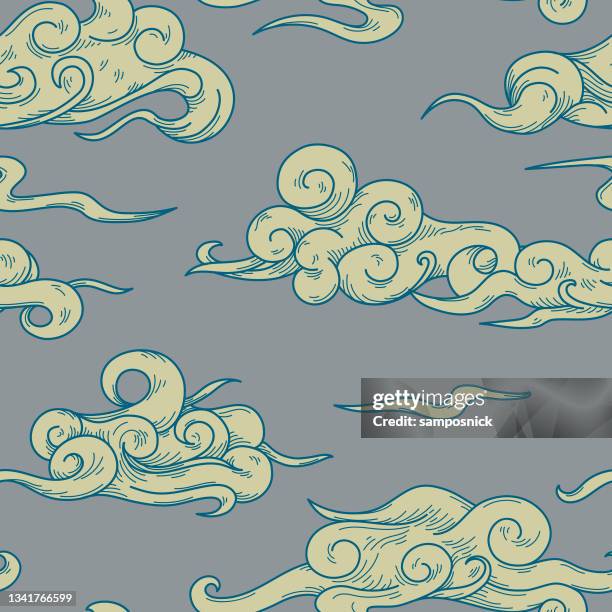 swirly blowing wind and cloud brocade seamless pattern - stratocumulus stock illustrations