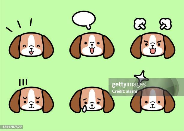 ilustraciones, imágenes clip art, dibujos animados e iconos de stock de conjunto de iconos de perrito dulce con seis expresiones faciales en tonos pastel de color - basset hound