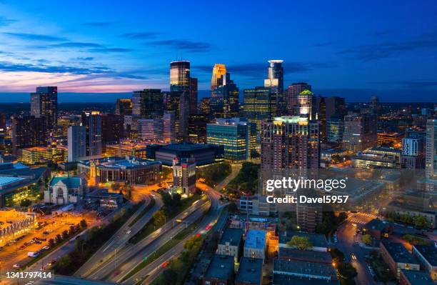 minneapolis aerial at dusk - minneapolis neighborhood stock pictures, royalty-free photos & images