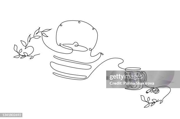 continuous line drawing of a teapot, teacup and herbal leaves. - tea time stock illustrations