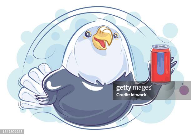 cheerful bald eagle holding soda can - all you can eat stock illustrations