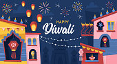 Diwali Hindu festival concept with India town decorated for holiday. Greeting card, banner or poster template design