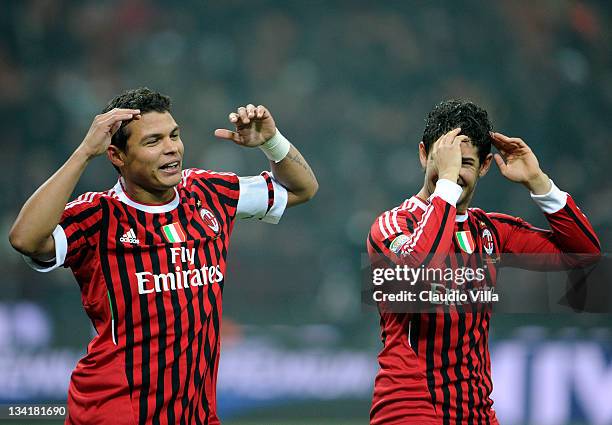 Pato and Thiago Silva of AC Milan celebrates scoring the first goal during the Serie A match between AC Milan v AC Chievo Verona at Stadio Giuseppe...