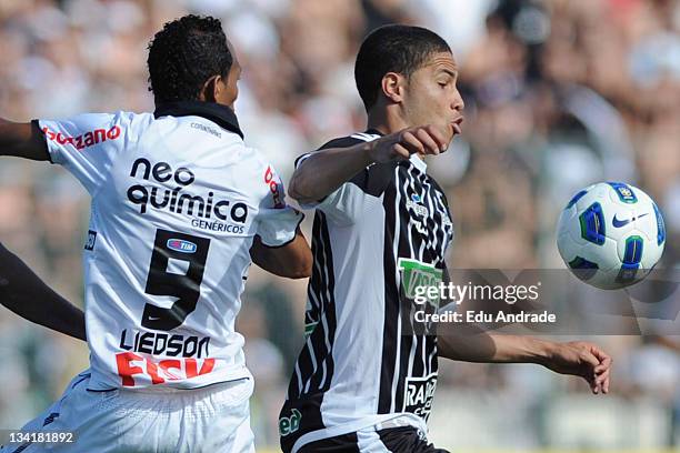 Bruno of Figueirense and Liedson of Corinthians during the match between Corinthians Figueirense and as part of round 37 of the Serie A Brazil in...