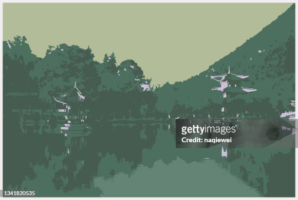 vector art engraving style painting chinese classical landscape illustration,photographic effects,abstract backgrounds - japanese pagoda stock illustrations