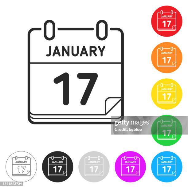 january 17. flat icons on buttons in different colors - jan 17 stock illustrations