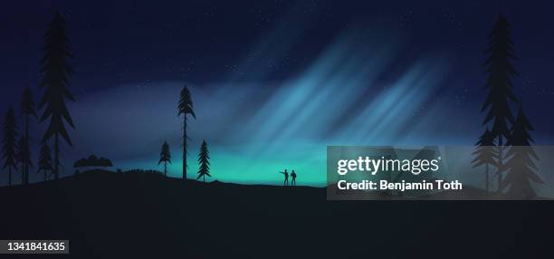 night with aurora, northern lights exploration adventure with hikers in the forest - aurora borealis 幅插畫檔、美工圖案、卡通及圖標