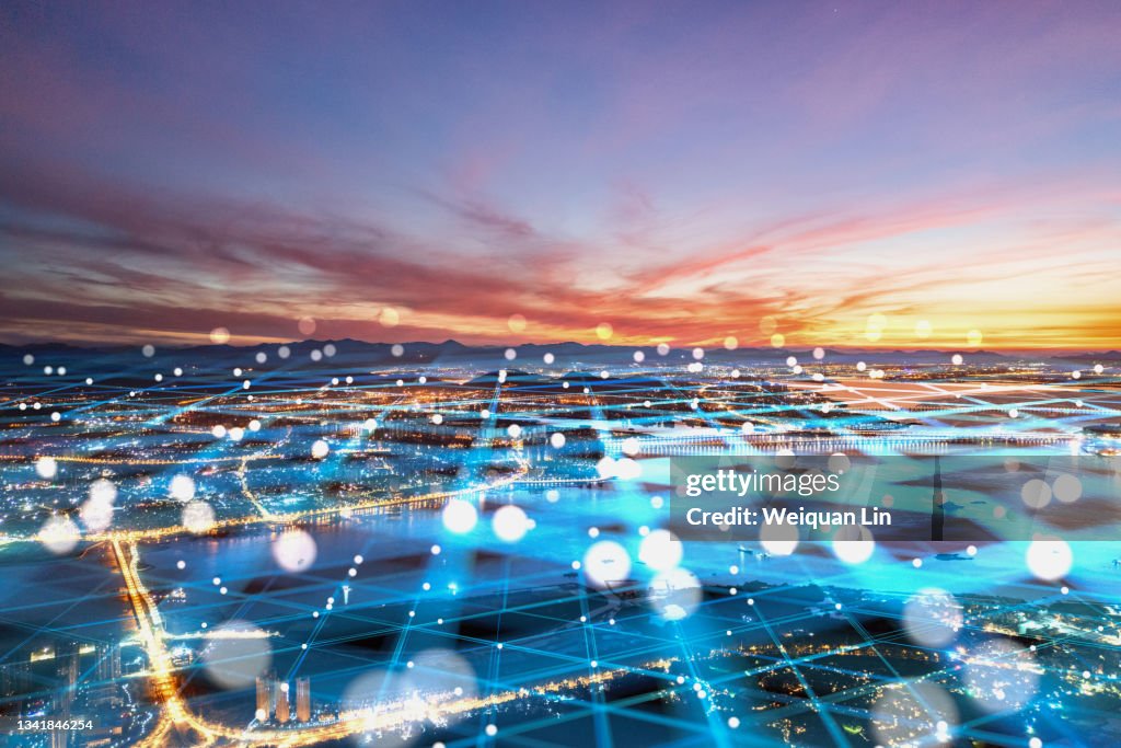 Composite image of modern city network communication concept