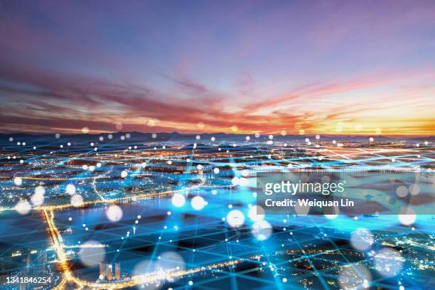 composite image of modern city network communication concept - global connections stock-fotos und bilder