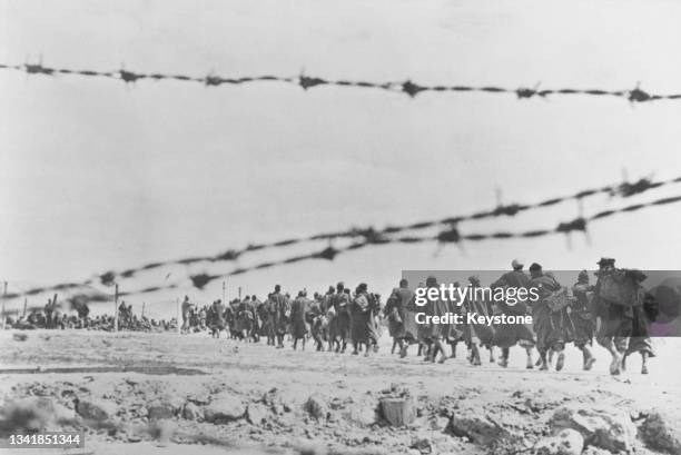 Column of Italian prisoners of war from the Italian First Army of General Giovanni Messe march to an internment camp following their defeat and...