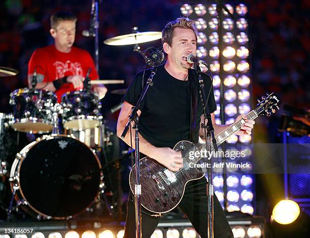 Chad Kroeger, lead singer of Nickelback, performs during haltime of the CFL 99th Grey Cup November 27, 2011 at BC Place in Vancouver, British...