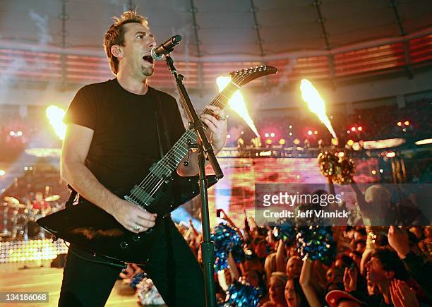 Chad Kroeger, lead singer of Nickelback, performs during haltime of the CFL 99th Grey Cup November 27, 2011 at BC Place in Vancouver, British...