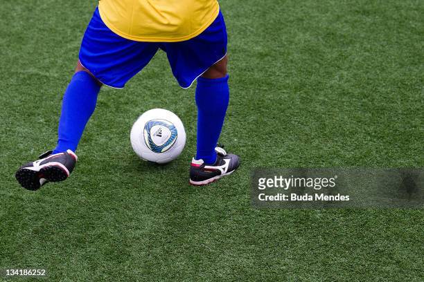 Detail of the football shoes of Aldair during a match as part of the the Soccerex Legends five-a-side Tournament at Copacabana Beach on November 27,...