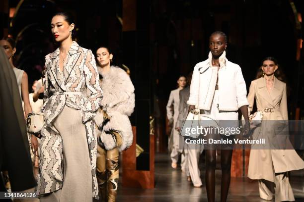 Models walk the runway at the Fendi fashion show during the Milan Fashion Week - Spring / Summer 2022 on September 22, 2021 in Milan, Italy.