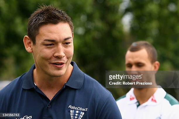 Gareth Delve Melbourne Rebels player speaks during a 2013 British & Irish Lions Tour Press Conference at Gosch's Paddock on November 28, 2011 in...