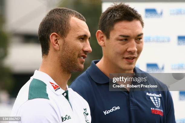 Quade Cooper Wallabies player and Gareth Delve Melbourne Rebels player speak during a 2013 British & Irish Lions Tour Press Conference at Gosch's...