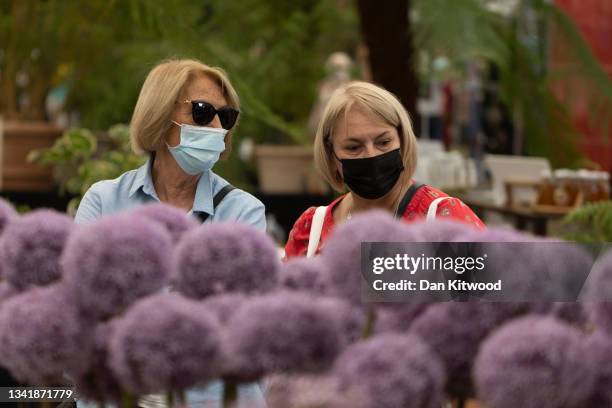 Members of the public wearing face masks walk past an allium stand in the main pavilion at the Chelsea Flower Show on September 22, 2021 in London,...