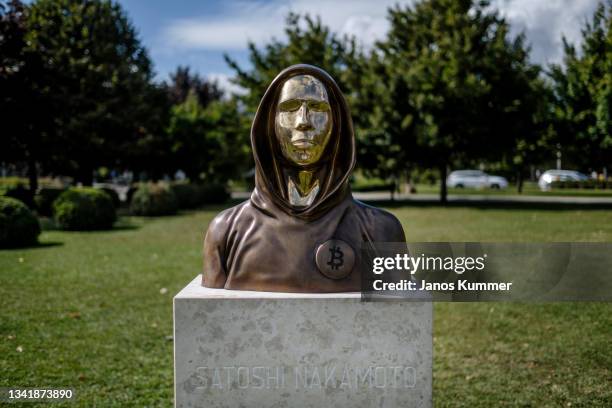 Statue of Satoshi Nakamoto, a presumed pseudonym used by the inventor of Bitcoin, is displayed in Graphisoft Park on September 22, 2021 in Budapest,...