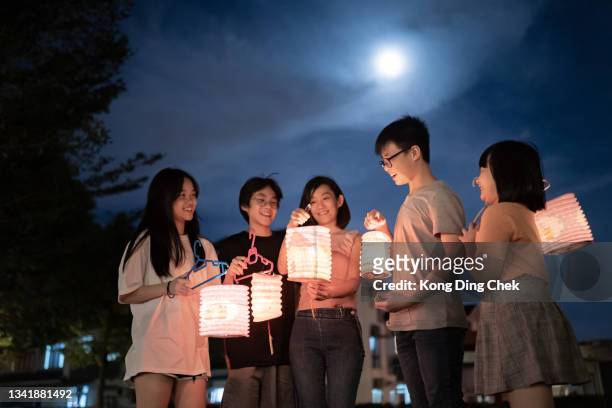 子供と甥を持つアジアの中国人の母親は、提灯を持って、お祝いの中秋祭り。 - cap go meh ストックフォトと画像