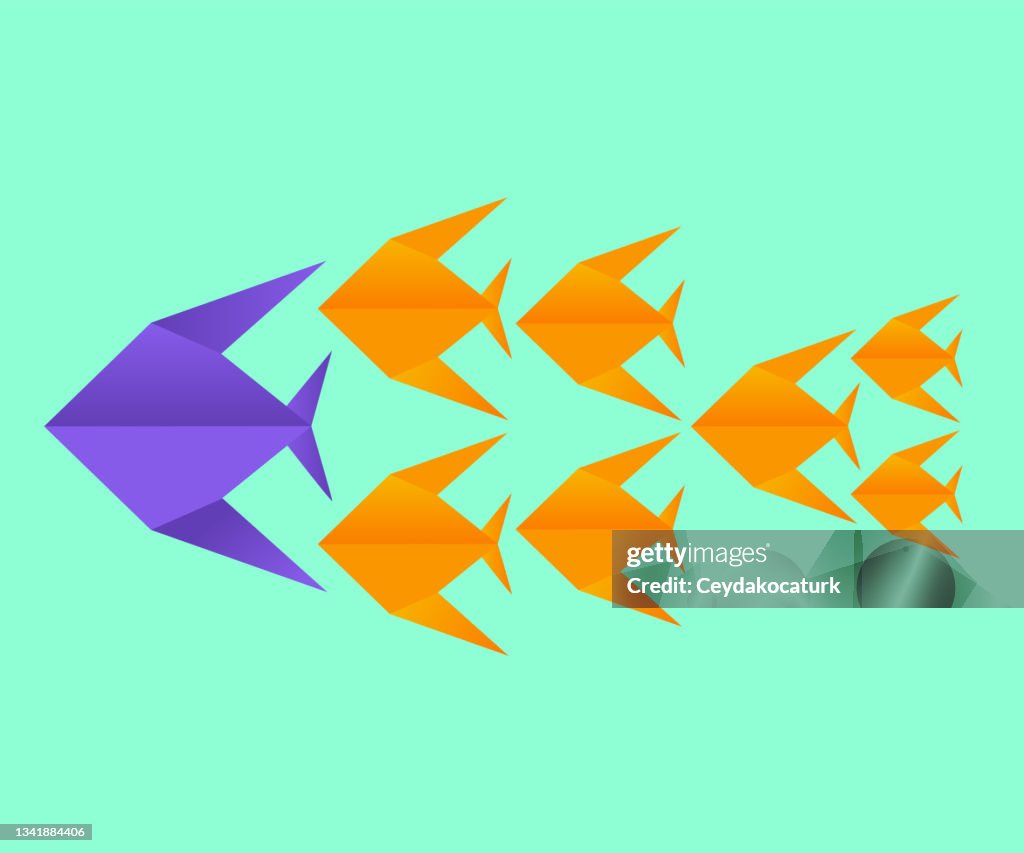 Leadership concept with origami fishes