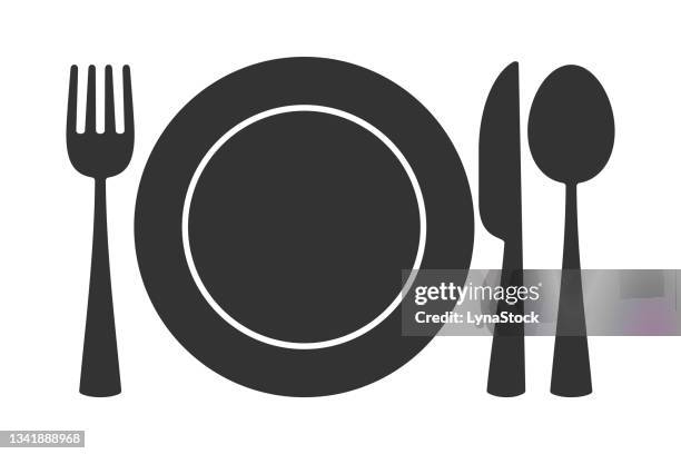 kitchen plate, spoon, fork and knife vector icon. symbol of flatware isolated on white background. utensil for eat. logo for restaurant, cafe, hotel menu, graphic design. - serving fork isolated stock illustrations