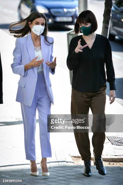 Minister of Science and Innovation Diana Morant and Queen Letizia of Spain attend a meeting at AECC on September 22, 2021 in Madrid, Spain.