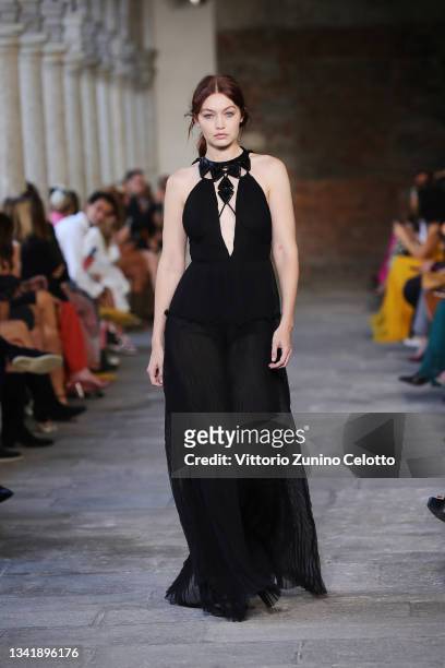 Gigi Hadid walks the runway at the Alberta Ferretti fashion show during the Milan Fashion Week - Spring / Summer 2022 on September 22, 2021 in Milan,...