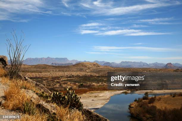 oasis at the edge of a desert with mountain range from afar - big bend national park stock pictures, royalty-free photos & images