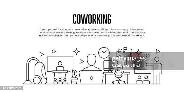 coworking related modern line style banner design - coworking stock illustrations