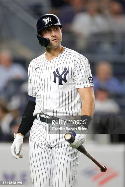Joey Gallo of the New York Yankees reacts after striking out during the third inning against the Texas Rangers at Yankee Stadium on September 21,...