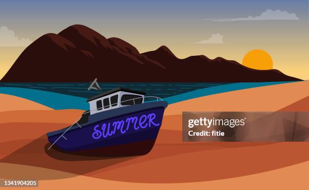 shipwrecks on a summer beach. - boat deck background stock illustrations