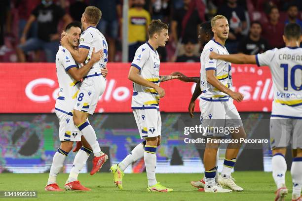 Nikola Kalinic and Darko Lazovic of Hellas Verona FC celebrate the 0-2 goal scored by Nikola Kalinic during the Serie A match between US Salernitana...