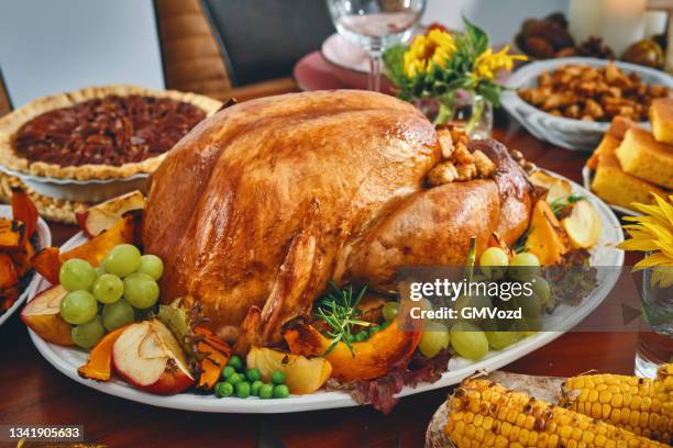 stuffed turkey for thanksgiving holidays with pumpkin, peas, pecan pie and other ingredient - american pie stockfoto's en -beelden