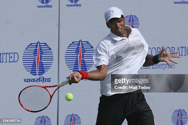 Indian Tennis player Vishnu Vardhan in action during the Power Grid $15000 ITF Futures tournament at the RK Khanna Tennis Complex in New Delhi.