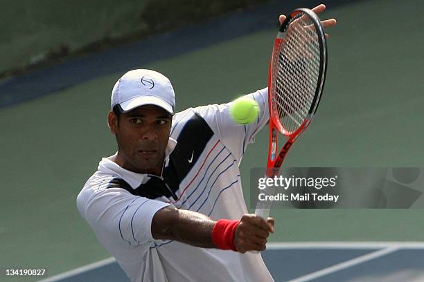 Indian Tennis player Vishnu Vardhan in action during the Power Grid $15000 ITF Futures tournament at the RK Khanna Tennis Complex in New Delhi.