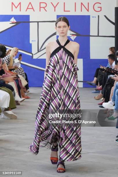 Model walks the runway at the Maryling fashion show during the Milan Fashion Week Spring / Summer 2022 on September 22, 2021 in Milan, Italy.