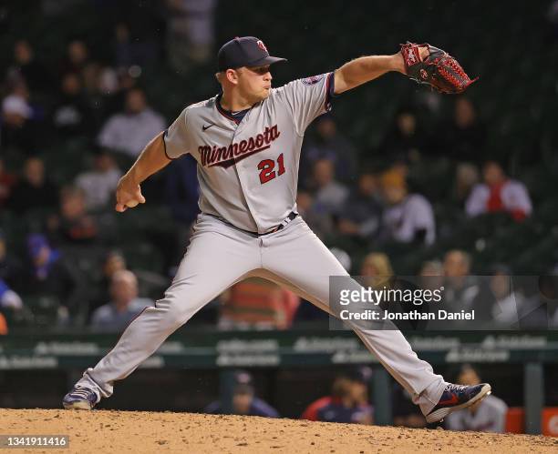 Tyler Duffey of the Minnesota Twins pitches against the Chicago Cubs at Wrigley Field on September 21, 2021 in Chicago, Illinois. The Twins defeated...