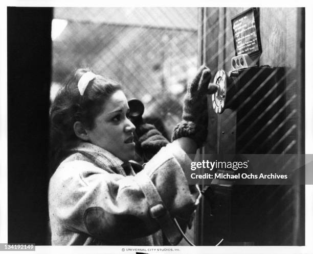 Wendie Jo Sperber in a phone booth in a scene from the film 'I Want To Hold Your Hand', 1978.