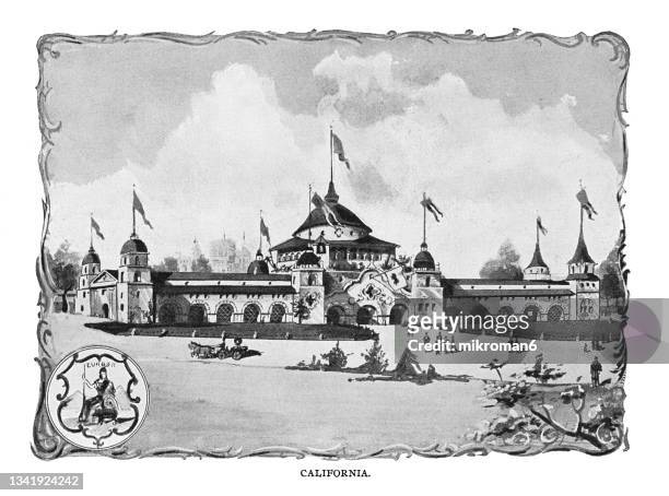 old engraving illustration of california state building at columbian exposition in chicago in 1893 - chicago black and white stock pictures, royalty-free photos & images