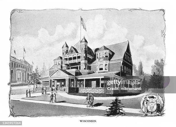 old engraving illustration of wisconsin state building at columbian exposition in chicago in 1893 - wisconsin flag stock pictures, royalty-free photos & images