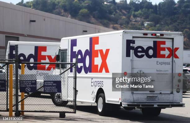 FedEx truck enters a FedEx Ship Center on September 22, 2021 in Los Angeles, California. FedEx plans to increase shipping rates in 2022 with FedEx...