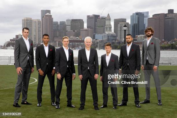 John Isner, Felix Auger-Aliassime, Denis Shapovalov, Captain John McEnroe, Diego Schwartzman, Nick Kyrgios, and Reilly Opelka of Team World pose for...