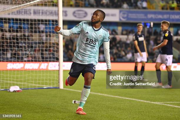 Ademola Lookman of Leicester City celebrates after scoring their side's first goal during the Carabao Cup Third Round match between Millwall and...